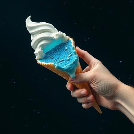 a disembodied hand holding a melting ice cream cone, hand holding icecream floating in space, and ocean inside the ice cream cone, icecream cone with an ocean instead of ice cream, view from afar, massive celestial icecream cone,An ice cream cone held by a disembodied hand, with the ice cream scoop transformed into a miniature ocean. The ocean is teeming with tiny boats, some sailing and others bobbing on the waves. The hand is slightly veiny and pale, adding an unsettling contrast to the vibrant blue of the ocean. The scene is set against a space like background, with nothing but distant stars visible from afar, view from afar, NOT POV, 3rd person view