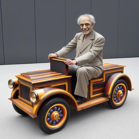 <lora:pandacar_v1:0.5>, (old man:1.1), sit astride, attraction, ground vehicle, handle, realistic, wheel, car, coffin, smile