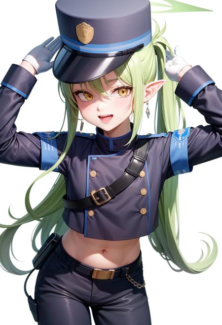 highlander_sidelocks_conductor_\(blue_archive\), 1girl, highres, white_gloves, pointy_ears, green_halo, peaked_cap, black_hat, demon_tail, white_pantyhose, pleated_skirt 1girl, highres, pointy_ears, peaked_cap, long_sleeves, white_gloves, white_pantyhose, black_hat, highlander_twintails_conductor_\(blue_archive\), green_halo, demon_tail