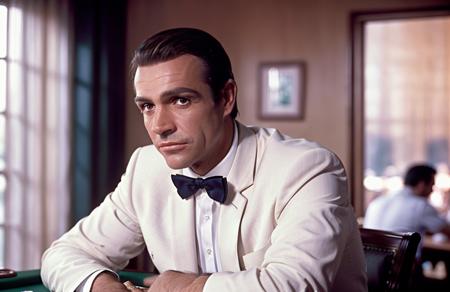 award winning (portrait photo:1.4) of a handsome man, sirsean, sitting playing poker, dressed in a white suit and bowtie, in a beautiful beachfront casino, (shallow depth of field:1.3), by lee jeffries nikon d850 film stock photograph 4 kodak portra 400 camera f1.6 lens rich colors hyper realistic lifelike texture dramatic lighting unreal engine trending on artstation cinestill 800 (vignette:1.3), filmgrain, <lora:sirsean:1>