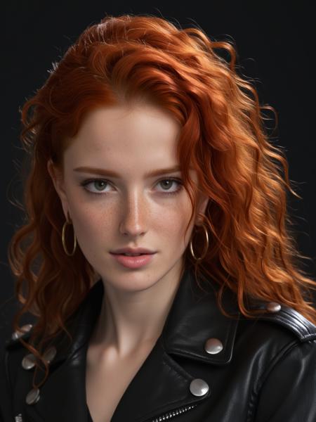 Violet Latte, 1girl, solo, jewelry, earrings, freckles, upper body, realistic, leather jacket, goth, looking at viewer, long hair, simple dark background, parted lips, lips, eyelashes, hoop earrings, red hair, curly hair, teeth <lora:Violet_Latte_SDXL_v1.0:0.9>