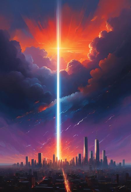 by Alena Aenami and [James Gilleard|Mark Lovett] in the style of [Shahab Alizadeh:Thomas Kinkade:0.25]
Abstract illustration, surreal fractured landscape, twilight sky with deep indigo to fiery orange gradient, towering geometric shapes resembling shattered glass and steel beams, inner light glowing within structures, dark polished surface reflecting light, ethereal swirling fog in muted purples and blues, vibrant golds and reds in the distance, bursts of light and shadow creating dynamic contrast, white beam of light piercing the sky symbolizing memory and hope, abstract expressionism and digital futurism hybrid, bold colors with intense reds, blacks, golds, and silver, light casting long stretched shadows, broad sweeping brushstroke textures enhanced with digital precision, mist swirling at the base of the scene, radiant sky evoking reflection and honor, powerful and dramatic atmosphere, emotional tribute to 9/11 without banality or figures.