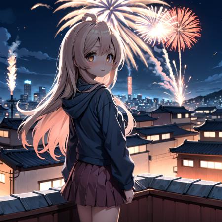 digital art, (masterpiece), (best quality), A detailed and cinematic wallpaper, a girl Oyama Mahiro standing on rooftop with hanabi in background, long hair  <lora:mahiro_xl-000010:1>