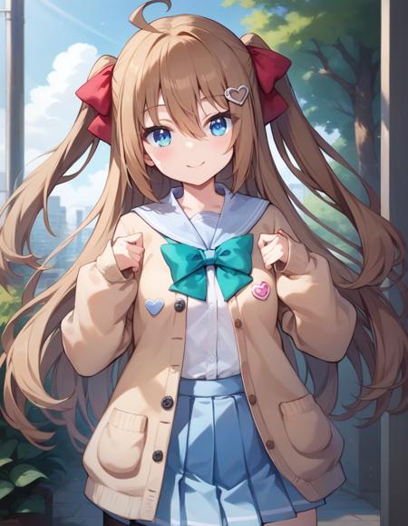 Neuro-sama ahoge,very long hair,long hair,brown hair,two side up,hair bow,red bow,hairclip,heart hair ornament,hair between eyes,bangs,blue eyes school uniform,blue sailor collar,brown cardigan,open clothes,open cardigan,white shirt,green bow,puffy long sleeves,sleeves past wrists,button badge,small breasts,blue skirt,pleated skirt,bandaid on knee,single thighhigh,asymmetrical legwear,black thighhighs,single sock,loafers,brown footwear