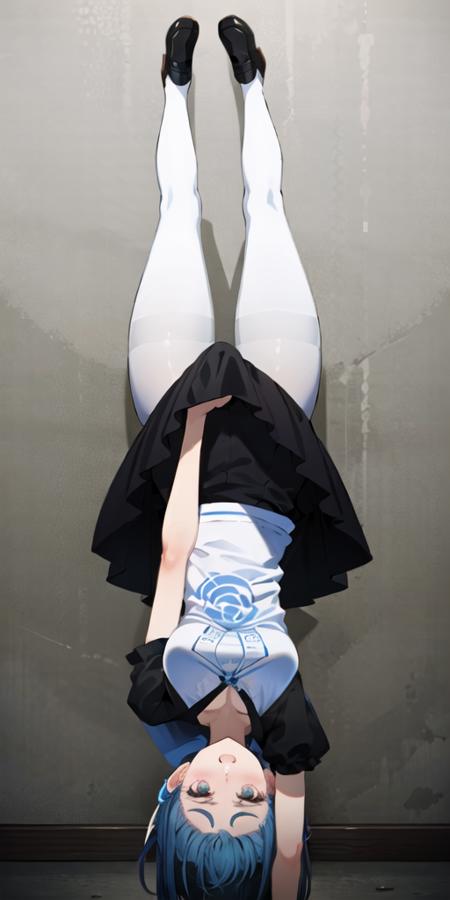 masterpiece, best quality, ultra-detailed, illustration, 1girl, lycoris challenge \(meme\), one arm handstand, upside-down,  <lora:ChisatoHandstand:0.6>, white tshirt, black skirt, blue hair, pantyhose, medium breats