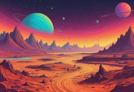alien planet, landing, drawing, colorful, retro style