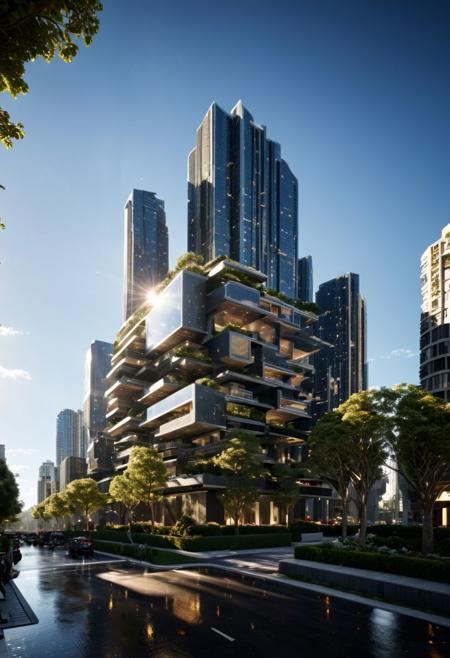 (((Modern style architecture, housing, luxury residence))),
outdoors, sky, tree, blue sky, no humans, ground vehicle, building, scenery, reflection, city, cityscape, bare tree, skyscraper, real world location,
(Large Files, Ultra Realistic, 8K, 16k, FHD, HD, VFX, Perfect, Photography, composition, Architecture Sales Photography, Architecture Competition, Ultra High Resolution, Cinematography, High Resolution Image:1.1), (dramatic lighting, direct sunlight, ray tracing, clear shadow:1.2), (real landscape:1.1), (blurred background:1.0), (urban background, more_details)  
(avant-garde, future, reality, science fiction, photorealistic), (modern architecture:1.2), White limestone with black granite, fountain, waterfall, landmark, square, path, narrow street,
(Large Files, Ultra Realistic, 8K, 16k, FHD, HD, VFX, Perfect, Photography, composition, Architecture Sales Photography, Architecture Competition, Ultra High Resolution, Cinematography, High Resolution Image:1.1), (dramatic lighting, direct sunlight, ray tracing, clear shadow:1.2),  (real landscape:1.1), (blurred background:1.0), (urban background, more_details) ,
great lighting, extremely detailed, clear, SteamPunk, futuresurban
