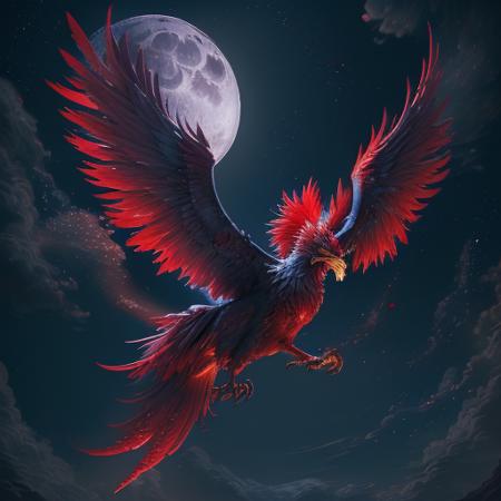 CG rendering of delicate scene, a red phoenix is flying in dark blue sky by large full moon, clean moonlight, deep details, clear details, ultra-wide shot, best quality, highres, <lora:FairyTaleV1a_SD1.5:0.3>