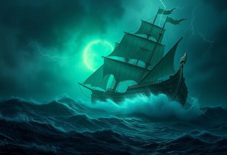 hyperdetailed ultra-detailed realistic,  
extremely detailed ghost ship in a storm,  with waves and thunder, with glowing vibrant light green light, detailed ocean environment, dark shot, rtx, at exotic dark florest background , High Definition HD, High Detail, Perfect Composition, dark fantasy movie, cowboy shot,