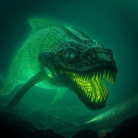 A colossal, deep-sea leviathan with a body covered in bioluminescent markings that glow with an otherworldly light. The creature's eyes are large and reflective, and its mouth is filled with rows of sharp, needle-like teeth. The leviathan moves with a slow, menacing grace, casting an eerie light on the surrounding waters, 
in the style of decaying animatronic, in the style of an old 80's dark fantasy