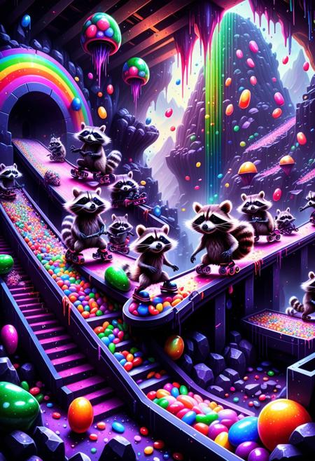 detailed fantasy artwork, a secret obsidian jade candy factory hidden in a volcano, run by hyperactive raccoons on roller skates, conveyor belts shooting rainbow jellybeans, dark shiny crystal walls, epic environment meets chaos energy