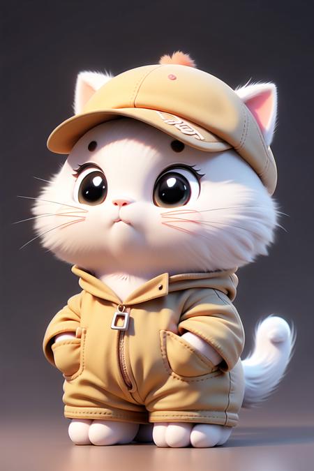 Pixar style,cat,no humans,white cat,hat,animal,zipper,solo,animal focus,simple background,whiskers,clothed animal,pocket,fluffy,