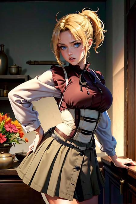 (masterpiece:1.4),(best quality:1.4),(absurdres:1.4),pin-up,Zenith_aiwaifu,blonde hair,ponytail,blue eyes,short hair,large breasts,bangs,parted bangs,skirt,ribbon,shirt,long sleeves,neck ribbon,fur trim,black ribbon,corset,red shirt,suspenders,collared shirt,dress,long skirt,pleated skirt,suspender skirt,(absurdres, highres, incredibly_absurdres:1.4),scenery,masterpiece,