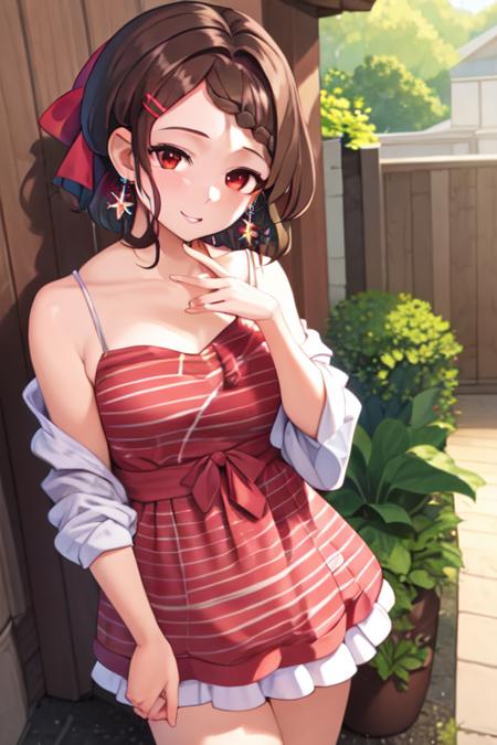 (masterpiece:1.3), (best quality:1.3),solo,1girl, brown hair, red eyes, solo, one red bowknot on hair,hairclip, earrings,short_hair, hair_ornament,