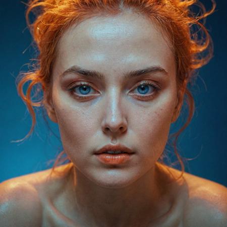 portrait of a woman in the blue light, in the style of intense hues, filip hodas, karol bak, mark seliger, intense expressions, blue and orange, close up
