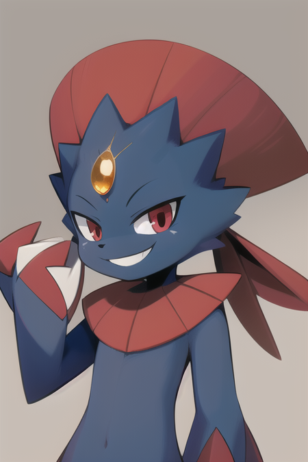 Weavile, bluish fur, orange gem, red eyes, smiling, cute,