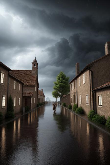 scenery, conceptart, A highly detailed portrait of a medieval village, during a rainstorm with a cloudy sky, masterpiece, best quality, intricate detail, absurdres, chromatic aberration, depth of field, soft lighting, tone mapped, highly detailed, artstation, concept art, smooth, sharp focus, dramatic lighting, highly detailed artwork, cinematic, trending on Artstation, 8K, incredible shadows, (highly detailed background:1.0)