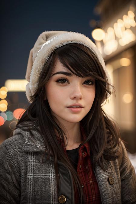 portrait, head shot, face focus, looking at viewer, eye contact, 
emilygreyodd, 1girl, black hair, long hair, parted lips, makeup, 
flannel wintercoat, wearing hat, wintercap
outdoors, snowing,  dystopia city, night time, neon lights, 
depth of field, blurred background, detailed eyes, warm volumetric lighting, masterpiece, best quality
 <lora:emilygrey-v1:0.7>