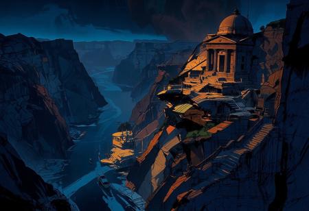 Aerial view of a vast river flowing through a massive, deep, and towering canyon. Night is approaching, and the lighting is stunning and highly contrasted. The river meanders through the canyon, stretching endlessly into the distance. Futuristic boats are visible on the water. On the right cliff, intricate stone stairways lead to large terraces, and higher up on a plateau stands a colossal ancient Inca-style temple with colonnades and domes. On the opposite cliff, a massive relief carving of Cthulhu—a humanoid, octopus-like creature—is etched into the rock. The grand temple on the right, towering above the others, dominates the landscape. The colors are natural and beautiful, with strong, contrasting shadows, mainly in shades of blue, orange, and ochre.