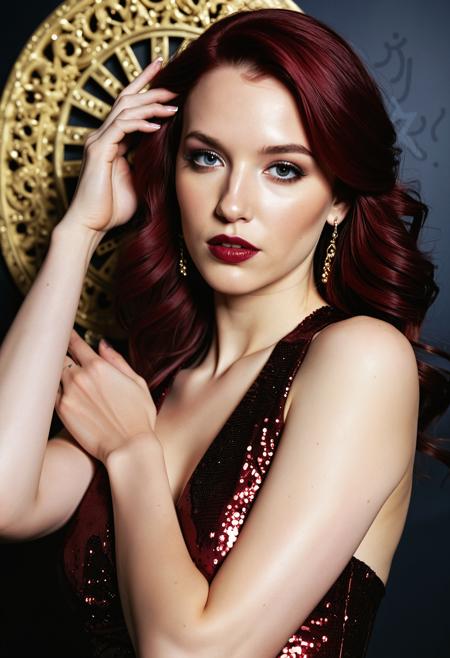 analogue portrait photo of a beautiful 25 years old woman, clear focus, high resolution image, ,wearing Burgundy sequin cocktail dress, deep scoop back, burgundy stilettos,  Richard Mille watch, vivid black tattoos, glimmering burgundy sequins, suede texture, intricate skull detail, skeleton watch design.,photo Fantasy art combining the styles of Boris Vellejo and Luis Royo,Photorealistic, real photo, god rays, 1girl, 21yo,realistic, ,Sexy pose, erotic pose, exhibitionism ,A mysterious cave with glowing crystals and underground streams