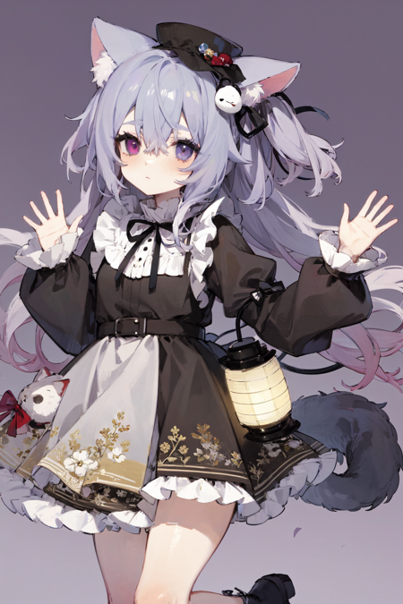 best quality, masterpiece, extremely detailed, detailed background, 1girl, animal ears, solo, long hair, dress, tail, holding, lantern, cat ears, long sleeves, black dress, looking at viewer, cat tail, animal ear fluff, grey hair, holding lantern, cat girl, purple eyes, hair ornament, hat, two side up, frills, heterochromia, bangs, blue eyes, closed mouth, waving, purple background, hair between eyes, bow <lora:bacheally128dim-epoch-000006:1>