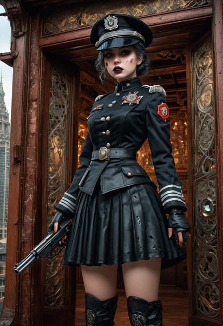 <lora:md2034:0.5> triggering, blood splatter, dystopian
poster_\(medium\),  Intense looking but cute, adorable, and attractive gothgirl with black lipstick and pale makeup, wearing an old looking black militaristic uniform and matching hat, holding a vintage 19th century pistol, stands directly in front of large battle-mechs, with an expansive cityscape in the far distant background, her skirt lifts as she kicks open a door ((above her is an 'it's a glorious future' type emblem)),  (simple_background:1.3), symmetry,(no_humans:1.3),, (masterpiece:1.3), (best_quality:1.3), (ultra_detailed:1.3), 8k, extremely_clear, realism, (ultrarealistic:1.3),, insane details, intricate details, hyperdetailed, ultra detailed, extreme detailed, highest detailed, high_detail, epic, attention getting, hdr, photorealistic, highres, ultra_high_res, photography, aesthetic, extremely_delicate, ng_deepnegative_v1_75t, Ellis-RealismBoost, epiCRealism
