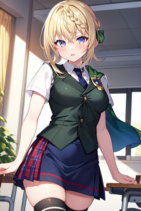 perthKC, 1girl, solo, short hair, skirt, shirt, thighhighs,school uniform, white shirt, braid, short sleeves, pleated skirt, necktie, hair bun, cape,green vest, blue skirt, dress shirt, plaid skirt, badge,braided bun, braided bangs,