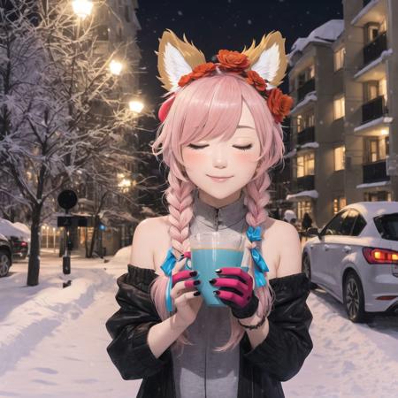 <lora:citygrayness_v4:1.0>, citygrayness, a car parked in front of a tall building in the snow at night time with a street light on, 4girls, ahoge, alcohol, animal ears, bangs, bare shoulders, birthday cake, black nails, blonde hair, blue hair, blurry, blurry background, blush, braid, cake, candle, champagne, champagne bottle, champagne flute, cityscape, closed eyes, cup, double bun, drinking glass, eyebrows visible through hair, flower, food, fox ears, fox girl, french braid, gloves, gradient hair, grey hair, hair between eyes, hair flower, hair ornament, hairclip, hat, heart ahoge, highres, holding, holding cup, jester cap, lion ears, lion girl, long hair, multicolored hair, multiple girls, nepolabo, night, open mouth, orange nails, outstretched arm, pink hair, pointy ears, red gloves, smile, streaked hair, two side up, virtual youtuber, white headwear