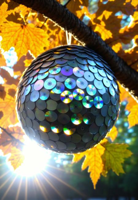 macro photo, hive sphere (made of cd's:1.1) hanging on a tree, leaves, falling leaves, faint glow, reflective surface, outside