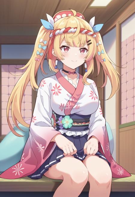 hikari large breasts, blonde hair, long hair, twintails, pink eyes  kimono, hair ornament, headband, skirt, kimono, sash, obi, sandals, choker, wide sleeves, pleated skirt, long sleeves, hairclip, floral print, ribbon, hair bow, bow, earrings