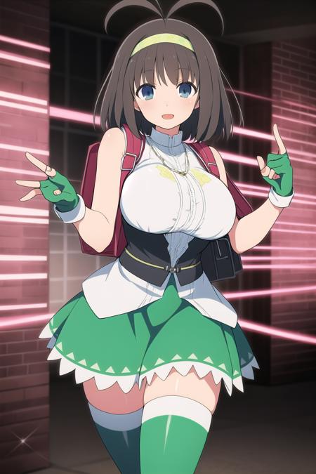 (masterpiece, best quality), highly detailed background, perfect lightingbest quality, syuriSK, solo, black hair, brown hair, ahoge, antenna hair, hairband, short hair, blue eyes, large breasts, necklace, pendant, crime prevention buzzer, dress, bare shoulders, randoseru, backpack, bag, fingerless gloves, green gloves, green skirt, smile, open mouth, <lora:Syuri_Senran-Kagura:0.7>