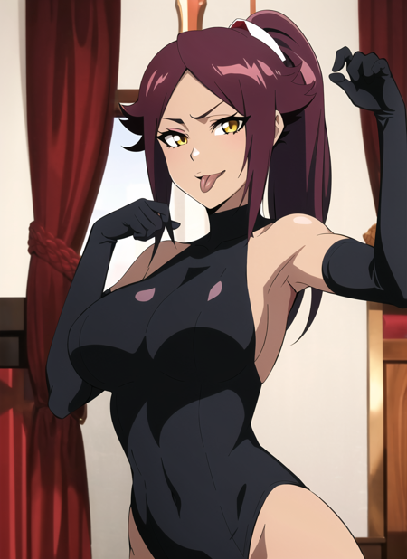 bleach style, shihouin yoruichi, 1girl, :p, arm up, bare shoulders, black cat, black gloves, black thighhighs, breasts, cat, covered navel, dark-skinned female, dark skin, elbow gloves, gloves, large breasts, leotard, long hair, looking at viewer, parted bangs, ponytail, purple hair, skin tight, solo, tongue, tongue out, yellow eyes, upper body,  ((masterpiece))  <lora:bleach_style_offset:1>