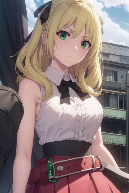 esther rosenthal, long hair, blonde hair, (green eyes:1.5), mole, mole under eye, black ribbon, black bow, hair ribbon, skirt, shirt, thighhighs, gloves, bow, ribbon, bare shoulders, white shirt, sleeveless, belt, black thighhighs, miniskirt, bowtie, sleeveless shirt, red skirt, garter straps, red gloves, high-waist skirt, pink gloves, thighhighs, belt, nurse, dress, pink dress, short sleeves, collar,