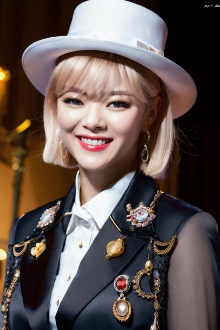 <lora:Jeongyeon_BRA:1>, (a picture of Jeongyeon, magician, magician hat, magician wand, tuxedo, spotlight, stage, smile), (detailed lighting, extremely detailed skin, extremely detailed hair, shadows, 8k), looking at viewer, (High Key Lighting), masterpiece, top quality, best quality, official art, unity 8k wallpaper, highres, ultra-high res, ultra-detailed, beautiful and aesthetic