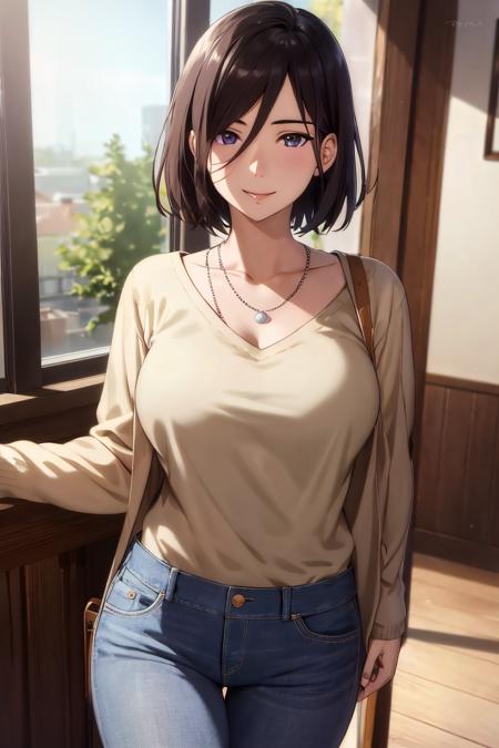 masterpiece, (best quality), 1girl, izumi_nase,  black hair, short hair, purple eyes, jewelry,pearl necklace, sweater,casual clothes, mature female, sexy woman, mole under mouth, smile, blush,perfect proportions, vibrant colors ,natural lighting  ,RTX,  , beautiful, (detailed face:1.2),  showcase, (perfect eyes:1.1) ,(photorealistic:1.1), 8k uhd,  looking a viewer, indoors,  simple backround,