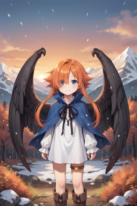 thrdef, 1girl, orange hair, long hair, medium hair with long locks, (hair over one eye), blue eyes, wings, black wings, feathered wings, dress, white dress, short dress, blue cloak, popped collar, neck ribbon, black ribbon, center opening, long sleeves, thighlet, boots thrdef, 1girl, blonde hair, long hair, medium hair with long locks, (hair over one eye), red eyes, wings, white wings, feathered wings, dress, white dress, short dress, blue cloak, popped collar, neck ribbon, black ribbon, center opening, long sleeves, thighlet, boots