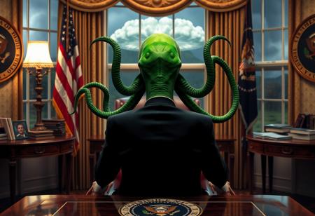 cthulu for president, oval office, mushroom cloud outside window, real photograph, inspector gadget style, photorealistic, correct hands, correct fingers, presidential seal, vote button, campaign photo, election, elegant scene, facing away, sitting