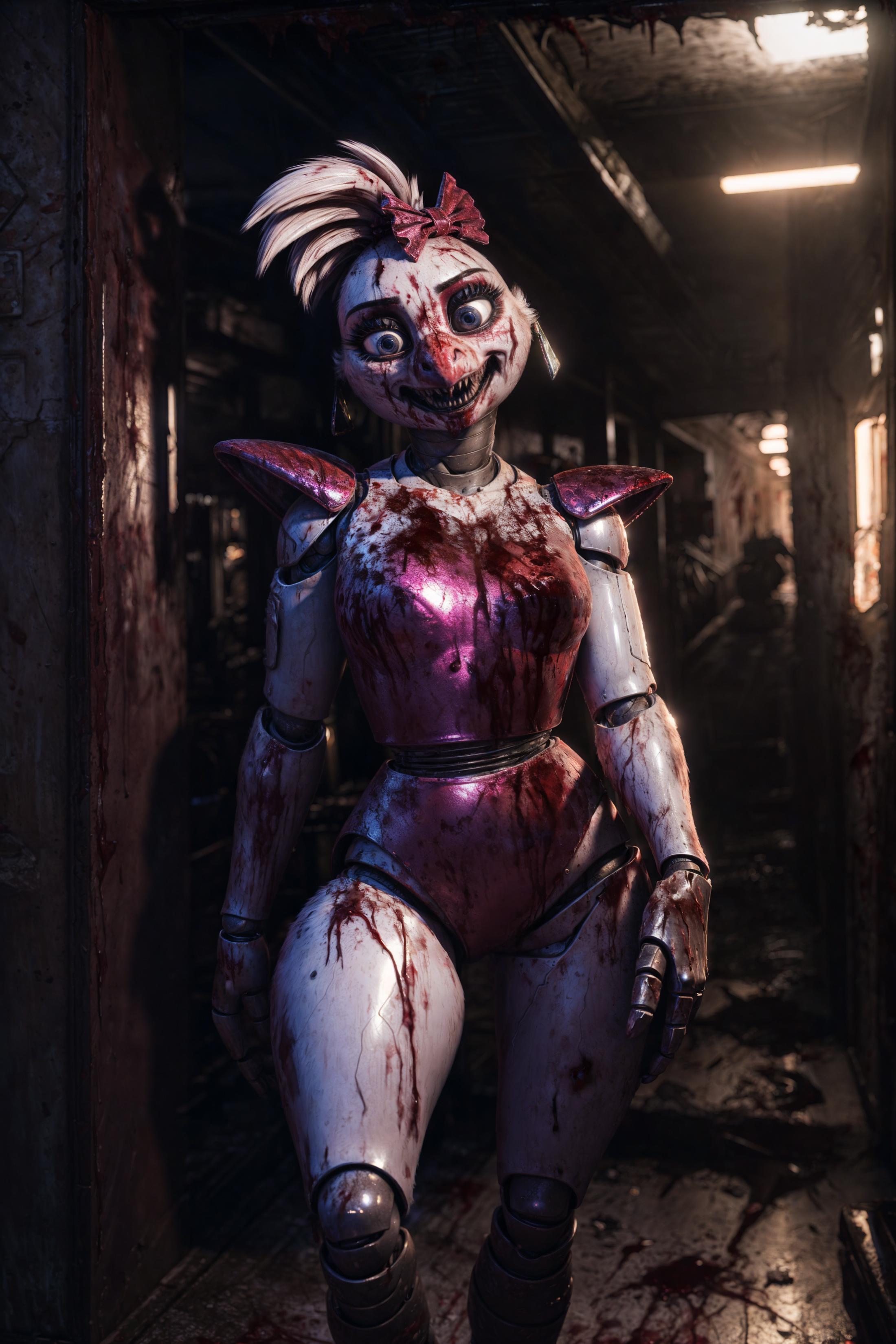 A blood-covered robotic woman in a pink dress standing in a room.