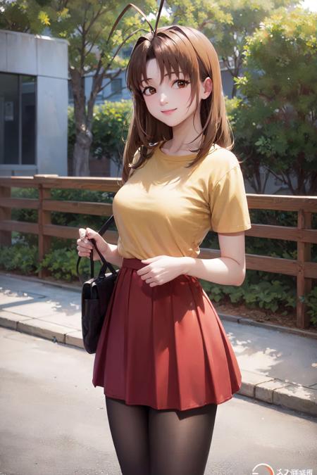 (masterpiece, best quality:1.2), <lora:lovehina_narusegawa-10:1>, cowboy shot, solo, 1girl, narusegawa naru, smile, looking at viewer, antenna hair, yellow shirt, short sleeves, red skirt, pantyhose