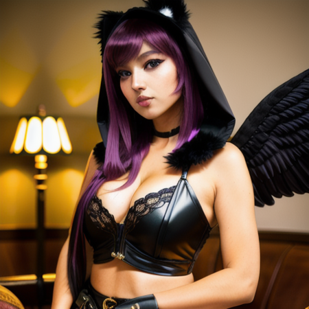 black detailed nekohoodi sitting sideways on a classical couch,masterpiece, DSLR photo,nekohoodi, real photo, dynamic angle, wings, breasts,solo, angel wings, rainbow hair, long hair, rainbow eyes, angel, looking at viewer, feathered wings, medium breasts, stained glass, white wings, cowboy shot, standing, collarbone, (high detailed skin:1.2),8k uhd, dslr, soft lighting, high quality,  <lora:NekoHoodi-000007:1>