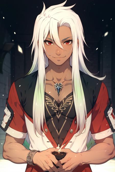 Zaveid 1boy, dark-skinned male, two-tone hair, white hair, green hair, long hair, red eyes White intricate tribal tattoo