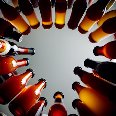 looking up surrounded by a circle of city beer bottles <lora:comingto:0.5> coming to