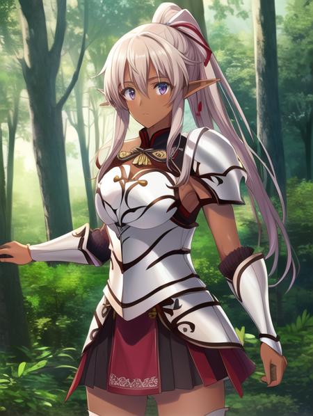 best quality, masterpiece, highres, detailed, perfect anatomy,  <lora:Detail - add_detail:0.2>, AishaU, armor, forest, outdoors, breastplate, skirt , <lora:AishaU-10:0.8>, dark skin, elf, ponytail, ribbon,