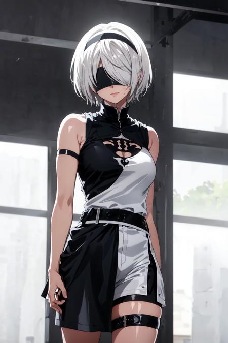 2B, blindfold, covered eyes, black blindfold, 1girl, solo, sleeveless, white shirt, shorts, shirt tug, classroom, class, shirt, belt, black belt, black shorts, medium breasts, closed mouth, full body, white hair, hairband, mole, black hairband, mole under mouth, masterpiece, eyeless, <lora:2B:1>