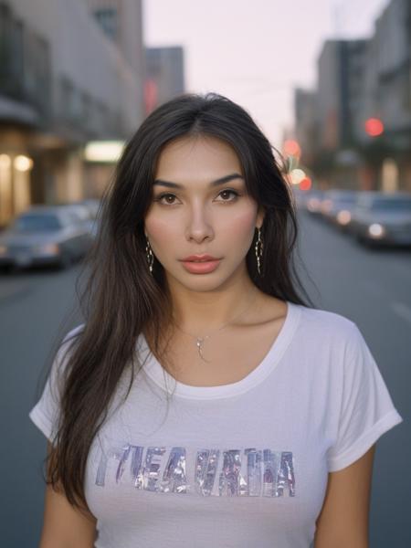 face focused, nighttime photography, neon lights, reflective streets, movie still, ultra detailed, portrait, BREAK Vaniity, van11ty, <lora:Van11ty-sdxl:1>, 1girl, solo, portrait, makeup, lips, long hair, dark hair, vintage aesthetic, shirt, solo, looking at viewer, bokeh, focus, film, velvia, film grain, best quality, photograph, focus, earring, city streets