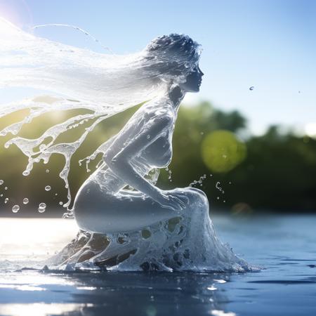 a (watercd:1.2, brightness, transparent:1.3) girl statue, sexy pose, long hair, bikini, sitting, (abstract:1.3), (solo:1.2), water drop, dropping, <lora:watercd-000013:0.7>, no humans, high quality, masterpiece, realistic, photorealistic, (outdoors, on the surface of the water, the water splashed in all directions, full  body, lens flare, blurry, dof),