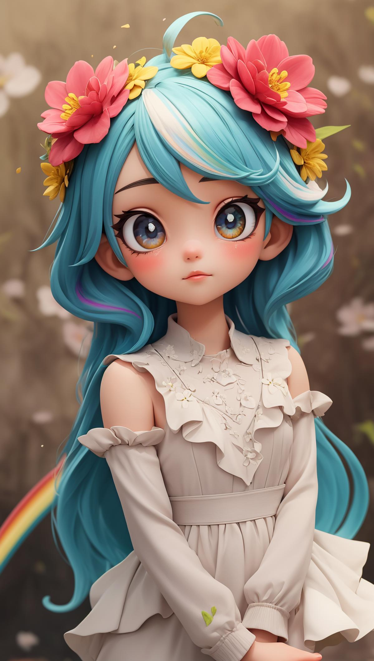 Anime Character with Pink Cheeks and Blue Hair Wearing a Dress with Flowers in Her Hair.