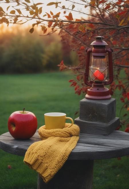 a long shot of a Yellow mug with coffee with knitted chunky scarf, 
Rowan branches, 
red and green apples, 
red vintage lantern, 
on grunge wooden bank, 
beautiful garden in the back, 
cloudy sunset evening, 
autumn leaves, 
green, 
professional photo