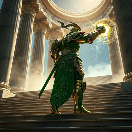 "Dynamic 3D render of a valiant green Valkyrian Knight in ornate armor, standing triumphantly on the ancient marble steps of the Temple of the Mind's Eye. The knight faces right, limbs outstretched in a combat-ready pose, swirling celestial energy emanating from their gauntlets. Head turned sharply left, eyes glowing with determination, intricate armor detailing reflecting golden light. The temple features towering pillars etched with glowing runes, mist swirling at the base, and a starry cosmos visible through shattered rooftop arches. Dramatic low-angle shot with shallow depth of field, unreal Engine 5 realism, octane render textures, and Raphael-style chiaroscuro lighting. Splash ink effects blend with holographic particles, creating a fusion of traditional and cyberpunk aesthetics. 8K resolution, hyper-detailed facial expression, ArtStation trending, golden ratio composition, vibrant emerald and gold palette with chromatic accents."