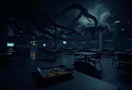 a dark and empty space station dining hall, shot with Hasselblad, low angle creep shot.
subject: an very dark, empty and desolate dining area, seen from an angle. The lights are out, except for a few electrical sparks from screens and terminals in the background.
foreground: a table in the corner of the room, with a tray of half eaten food, fork and knife. the tray is crooked and rotated slightly.  
background: lots of tables and chairs. some smoke and hazy, shadowy ghostlike demon::octopuses are crawling towards the viewer on the ceiling and floor. the octopuses are surrounded by black smoke trail in the shape of themselves.